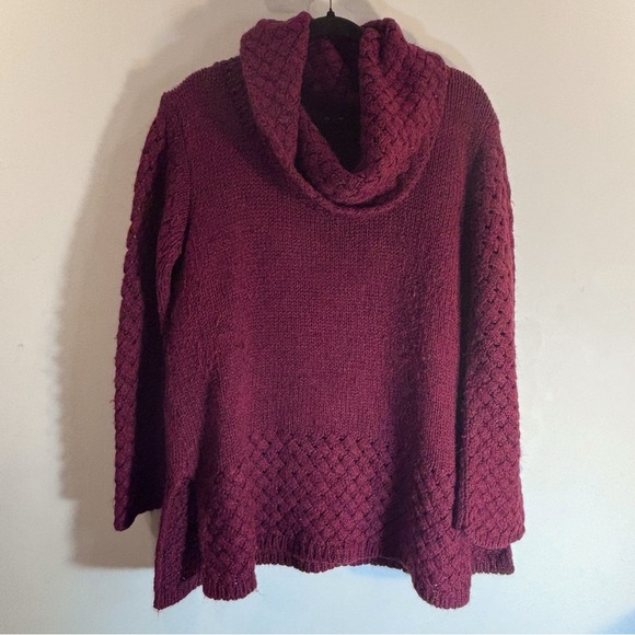 AVA Sz L Wool Alpaca Blend Sweater Cowl Neck Long Line Lattice Hem & Cuffs - Picture 1 of 9